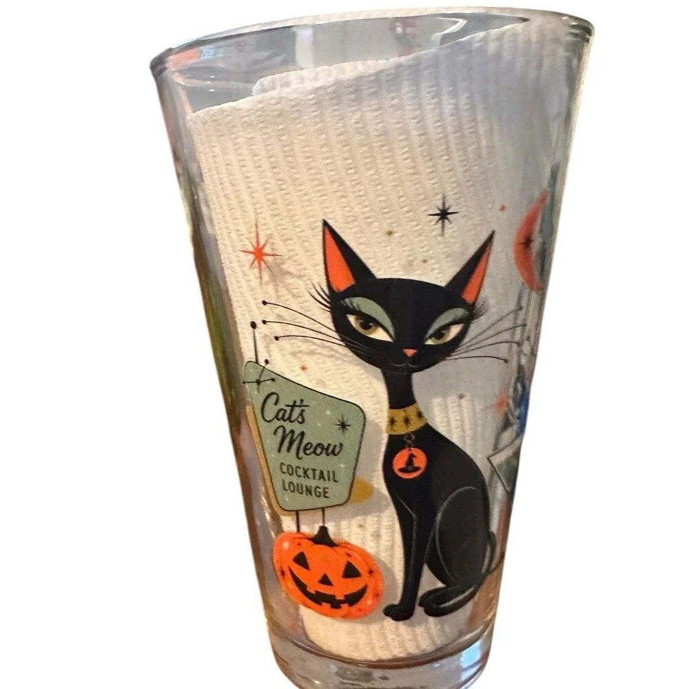 2- 16 oz Retro Halloween Black Cat Cocktail Glass, Heavy Pilsner Beer Glass